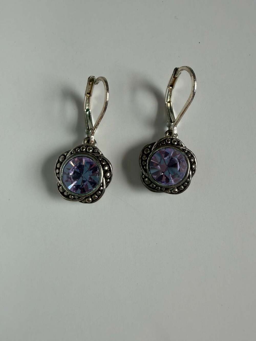 Napier Silver Tone Purple Crystal Beaded Flower Leverback Earrings